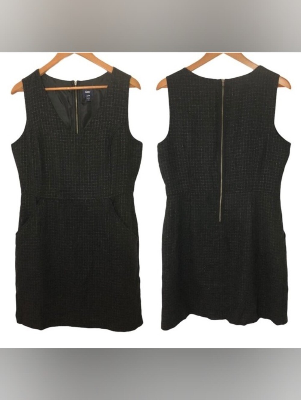 GAP Factory Black Tweed Mini Sheath Dress with Gold Back Zip, Size 16